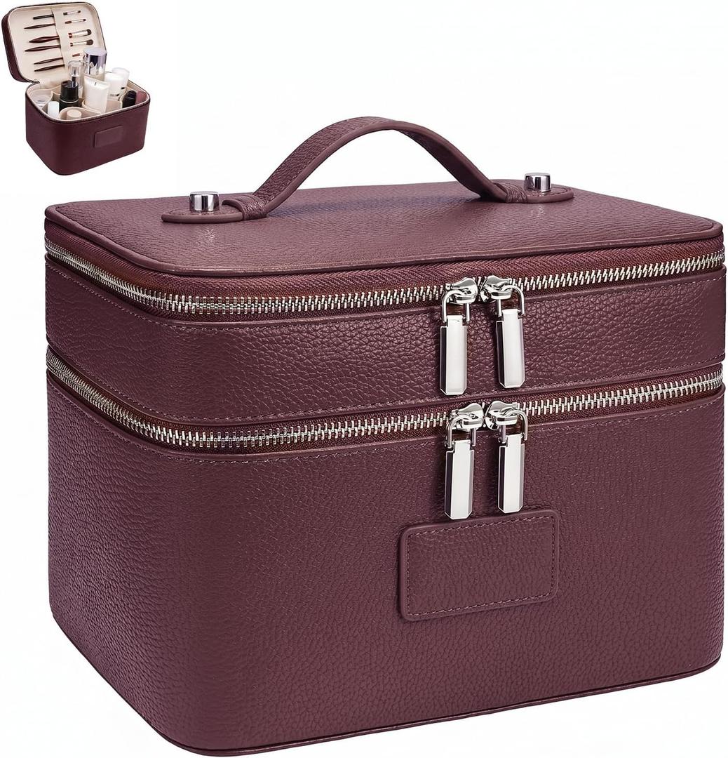 Makeup Case, Large Capacity Leather Makeup Bag for Women,Large Capacity Waterproof Double Leather Cosmetic Case,Removable Compartment Travel Organizer