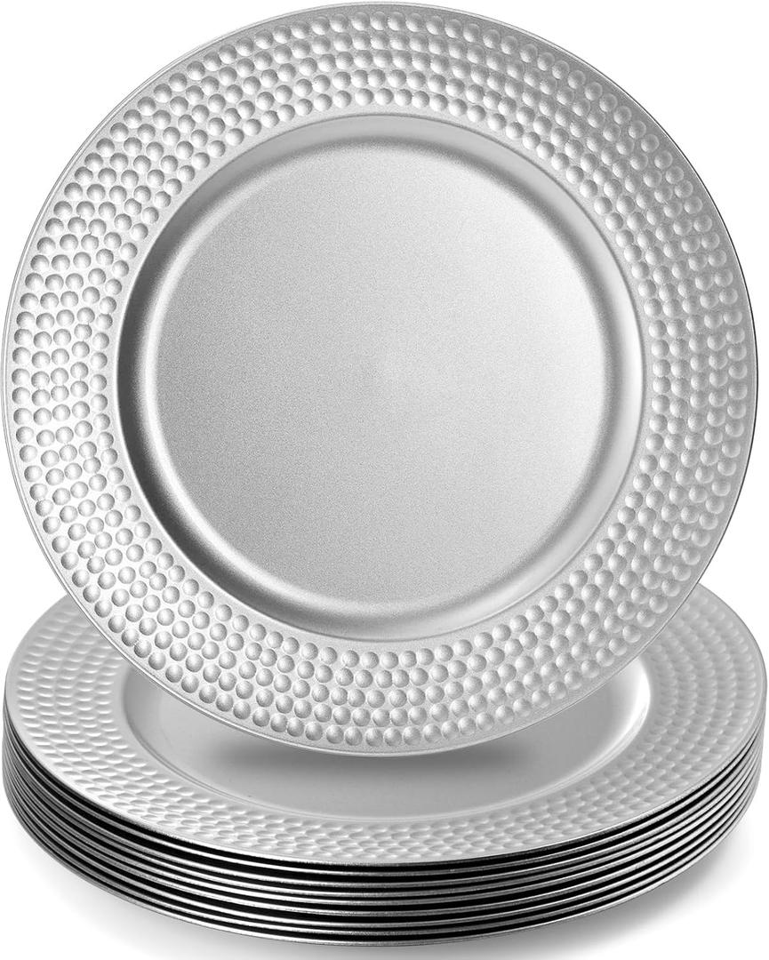 Nicunom Silver Charger Plates Set of 12, Round Charger Plates with Hammered Rim, 13 Inch Plastic Charger Plate for Wedding Dinner Party Event Decoration