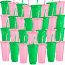 Honeydak 30 Pack Tumbler with Straw and Lid Bulk Cups for Gifts Water Bottle Iced Coffee Travel Mug Cup Reusable Plastic Tumblers for Party Birthdays 24-27 oz (Pink and Green Color)