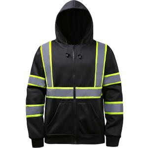 High Visibility Hoodie for Men,Class3 Hi Vis Hoodie with Zipper,Reflective Hooded Hood,Construction work Safety Sweatshirt with Large Front Pocket for Men/Women BLACK,6XL