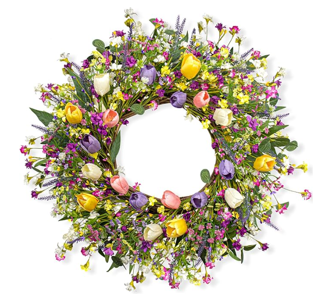 DIYFLORU 22 Inches Spring Wreaths for Front Door Rustic Summer Door Wreath Colorful Spring Floral Wreaths Farmhouse Easter Tulip Wreath for Window Front Porch Home Indoor Inside Outside Decoration