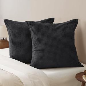 PHF Ultra Soft Waffle Weave Euro Shams Pillow Covers 26" x 26" 2 Pack, No Filling, Breathable Skin-Friendly Euro Throw Pillow Covers for Bed Couch Sofa, Black