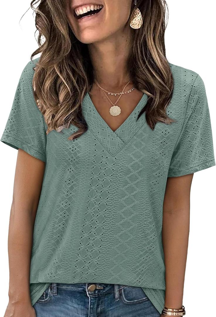 SAMPEEL Women's Eyelet Crossed V Neck Short Sleeve T-Shirt, S