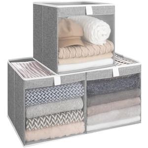 StorageWorks 13x13 Storage Cubes, Closet Storage Bins with Clear Window, Large Fabric Organizer for Clothes, Collapsible Storage Baskets with Handles, Gray, 3-Pack