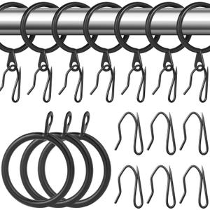 30 Pieces Metal Drapery Curtain Rings Curtain Hanging Rings 1.65 inch Internal Diameter and 30 Pieces Metal Curtain Drapery Pin Hooks for Window Door Shower Curtain(Black
