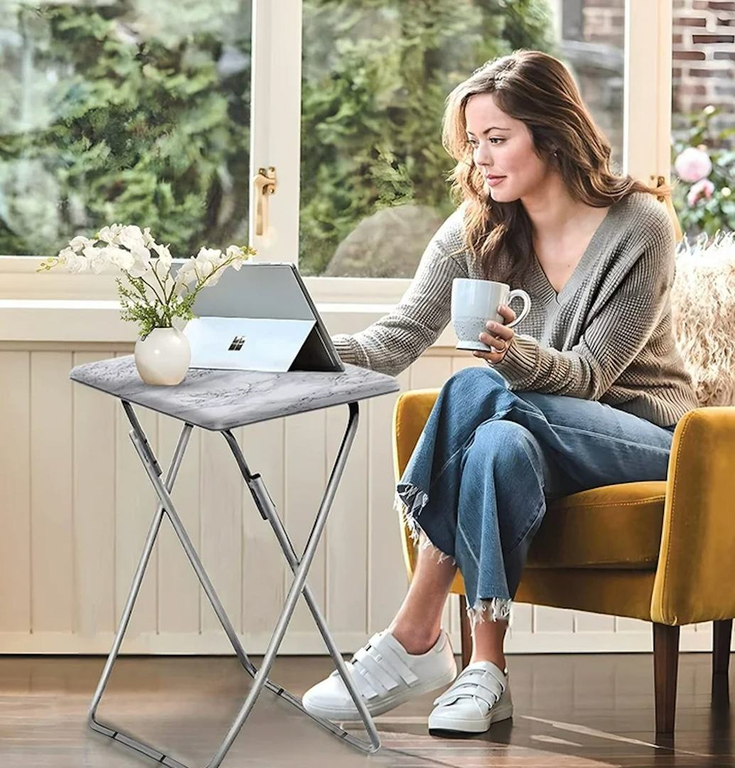  Folding Tray Table, Foldable Dinner Table for Eating with Required&Sturdy, Foldable Snack Tables with Sturdy MDF Top,Portable Laptop Stand,No Assembly ,27.3*19in (White Marble)