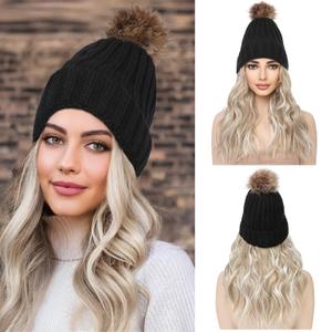 REECHO Beanie Wig With 12" Beach Wavy Hair Extensions - Warm Knitted Hat With Synthetic Hairpiece for Women - Black Beanie, Ash Blonde With Highlights