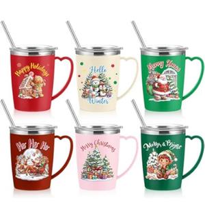 6 Pcs Christmas Coffee Mugs Cups 16 Oz Merry Christmas Stainless Steel Insulated Tumblers Set with Handle Lid Straw  Snowman Hohoho Mugs Gifts for Winter Holiday Party