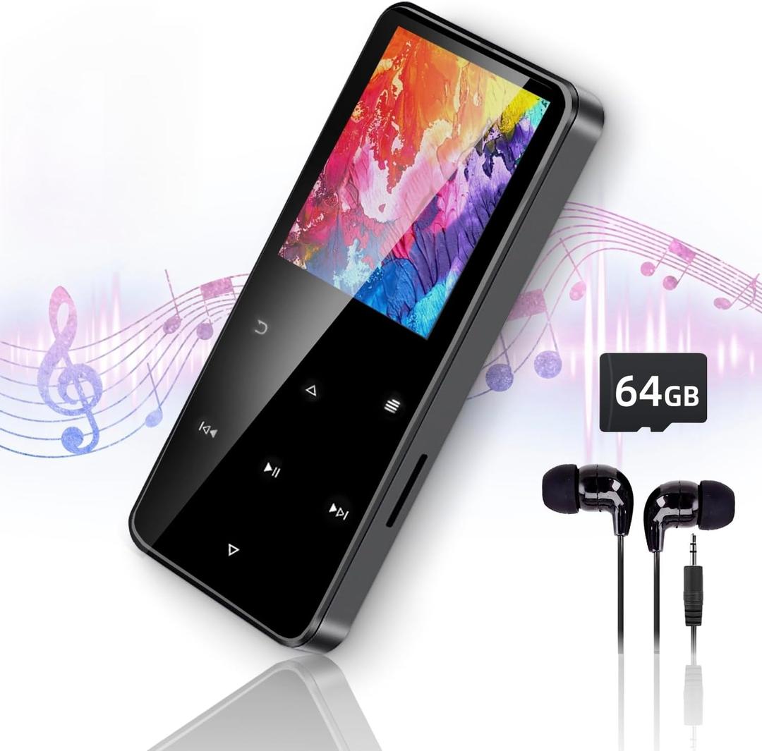 80GB MP3 Player with Bluetooth Portable HiFi Music Player with HD Speaker, Lossless Sound, FM Radio, Voice Recorder, Touch Buttons, E-Book (Earphones & 16GB + 64GB Card Included, No WiFi)