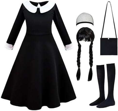 Luzlen Black Costume Girls with Wig Socks Kids Toddler Black Family Dress Halloween Cosplay Outfits