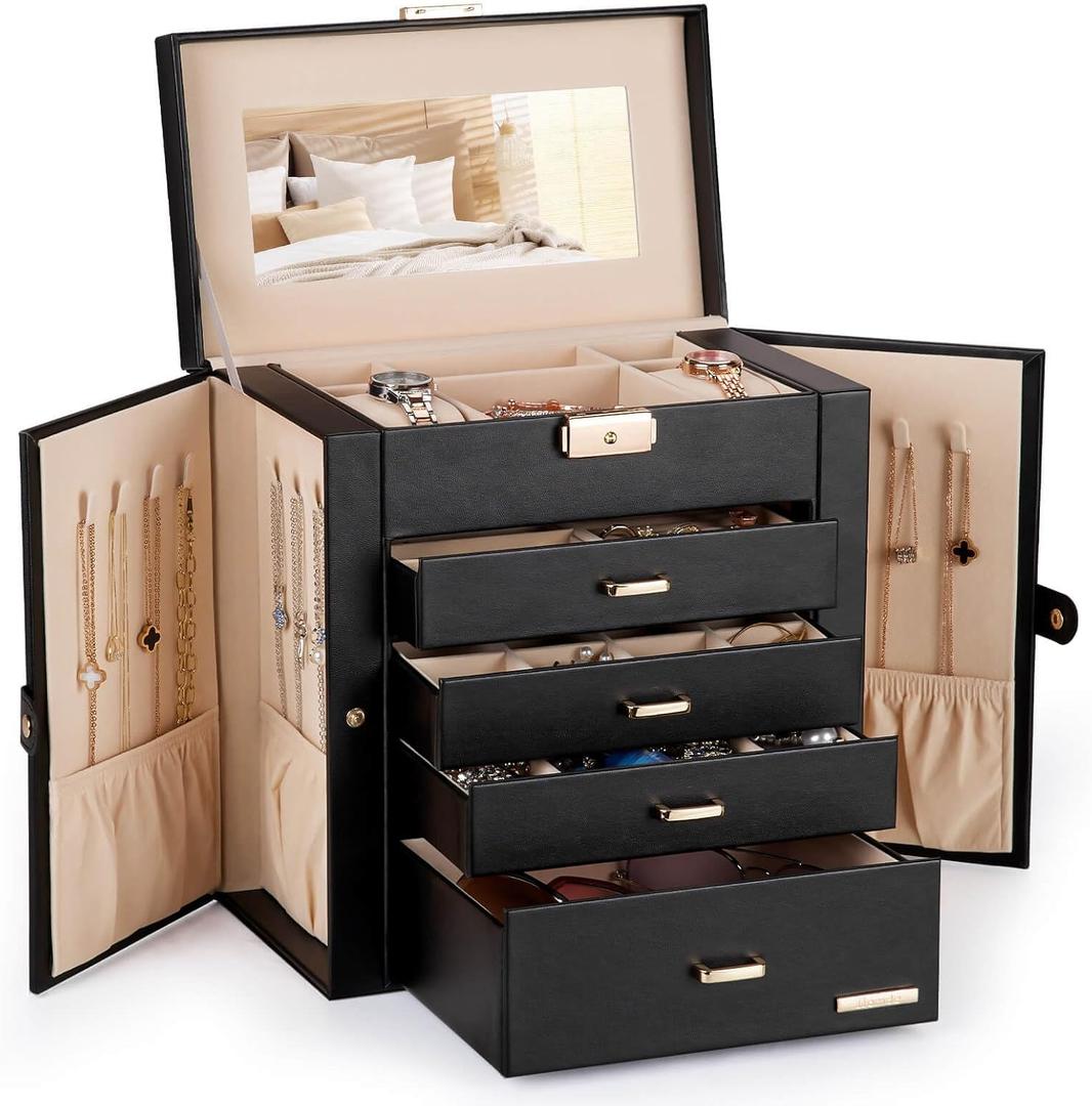 Homde Mothers Day Gifts Synthetic Leather Huge Jewelry Box Mirrored Watch Organizer Necklace Ring Earring Storage Lockable Gift Case (Black + Gold)