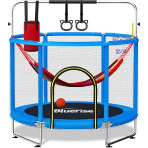 BLUERISE 55IN 6FT Toddler Trampoline for Kids Indoor Outdoor Play for Kids Trampoline Basketball Hoop Attachment with Enclosure Net Easy to Assemble