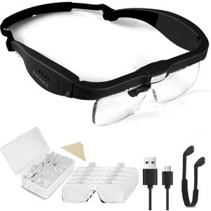 Magnifying Glass with Light Hands Free, Rechargeable Magnifying Glasses Headset with 5 Detachable Lenses Magnifier for Close Work, Reading, Jewelry Making Crafts (Black)
