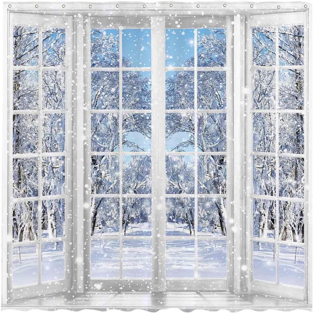 Allenjoy 72x72 inch Winter French Window Shower Curtain Beautiful Nature Snowy Scenery Bathroom Curtain Durable Waterproof Fabric Bathtub Sets Home Decor