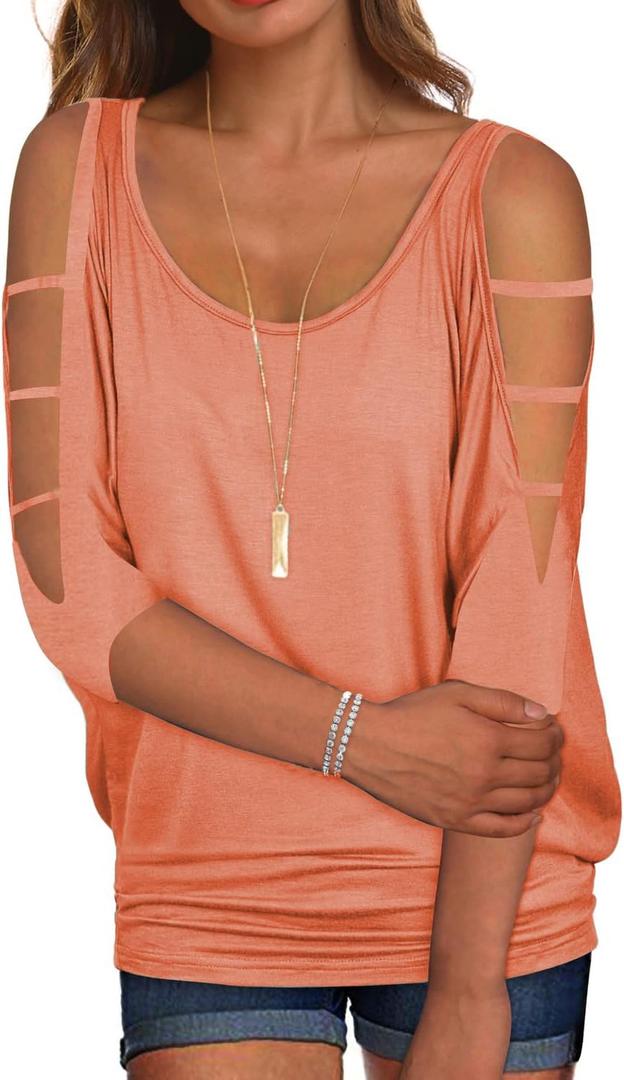 Miselon Womens Cold Shoulder Tops 3/4 Sleeve Oversized Dolman Shirt Blouse Coral,XXL (Pink, XXL)