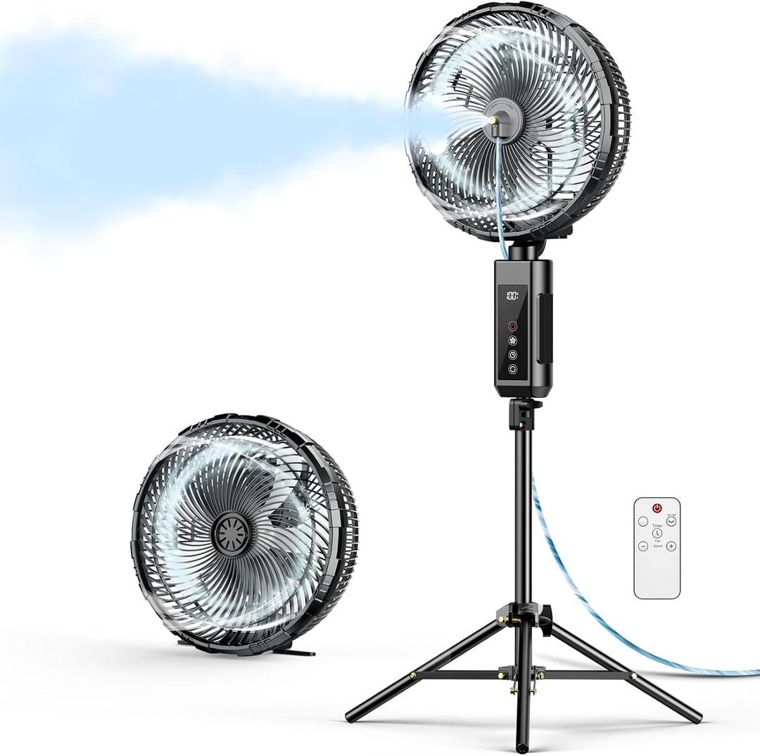 Misting Fan Portable, 20000mAh 12-Inch Outdoor Misting Fan for Patios Outside, 2 In 1 Pedestal & Tabletop Oscillating Fans with Misting Kit, Rechargeable Cooling Fans with Remote/Mist/7 Gear/Timer (Black)