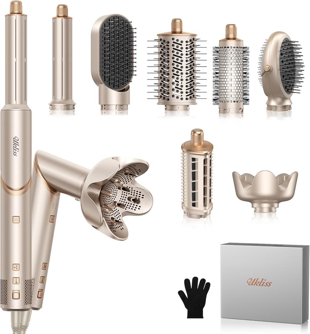Ukliss 8 in 1 Hair Dryer Brush & Multi Hot Air Styler Foldable 110,000 RPM Blow Dryer Brush Tool Set with Diffuser Auto-Wrap Curler for Fast Drying Curling Straightening Hair Daily Styling (1.25'')