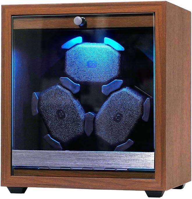 Watch Winder for Automatic Watches, Wooden 3 Watch Winder with LED Light, 4 Modes Automatic Watch Winder Box with Super Quiet Motor, Memory Foam Pillows, Adapter Included, Luxury Gift for Men & Women