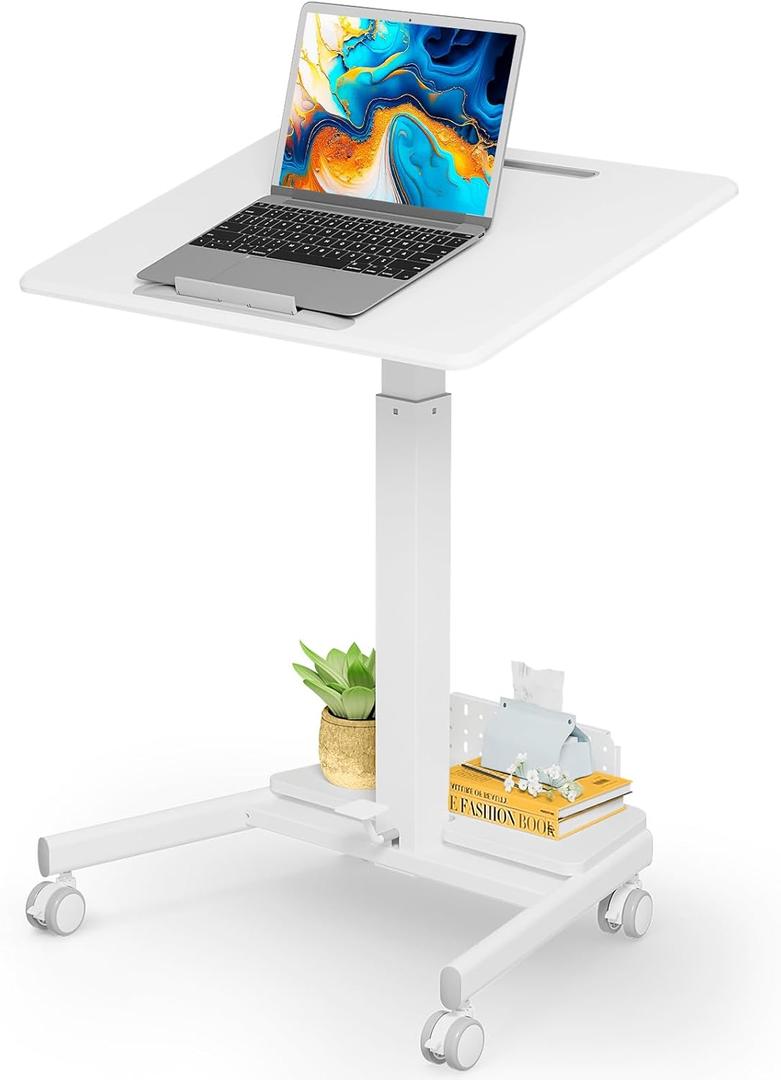 JOY worker Mobile Standing Desk with 90 Tilting Desktop, Foot Pedal Pneumatic Height Adjustable Rolling Desk, Mobile Laptop Cart with Width Adjustable Storage Base, 4 Lockable Wheels, White