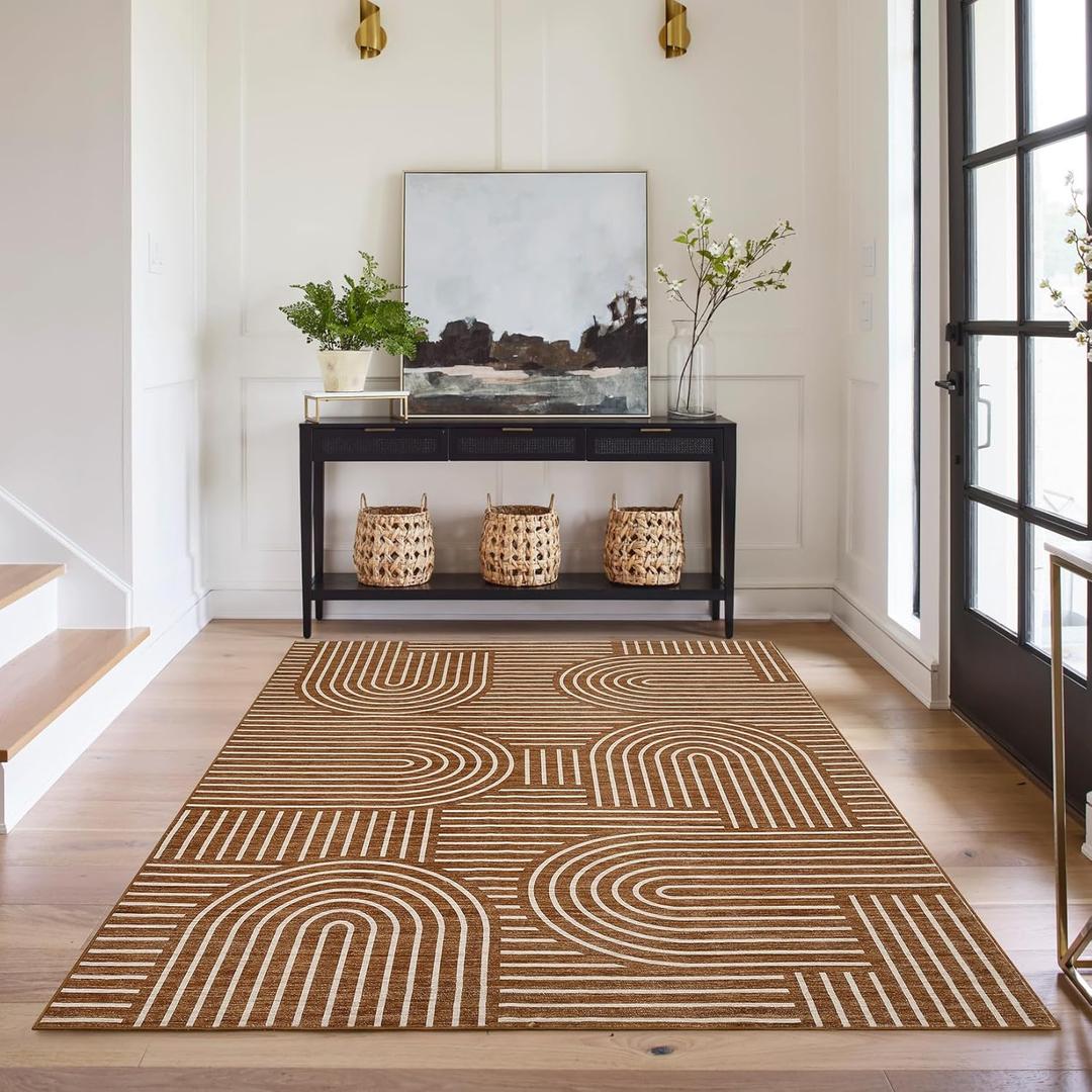 ROYHOME Washable Rug 3x5 Area Rugs for Living Room, Abstract Rug for Bedroom, Soft Rainbow Non Slip Throw Rugs with Rubber Back, Low Pile Stain Resistant Boho Geometric Carpet for Dining Room, Copper