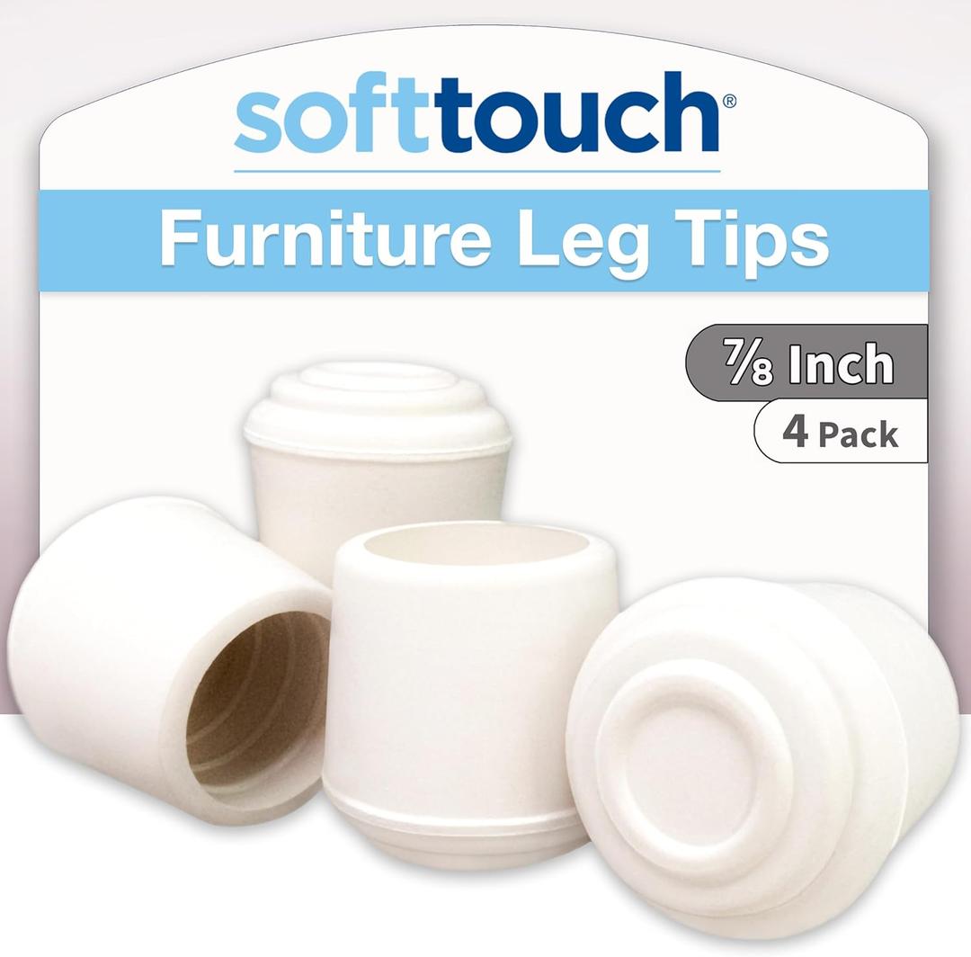 SoftTouch 7/8" Round Non-Marking Rubber Slip-On Chair Leg Tips, Nonslip Protective Furniture Leg Caps for Chairs, Stools, and Tables on Hard Surfaces, Set of 4, White