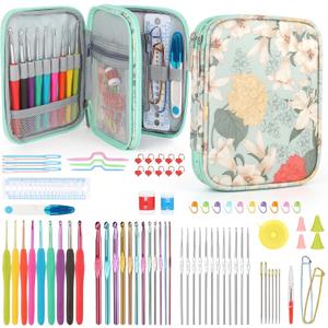 Katech 85 pcs Crochet Hooks Kit Knitting Accessories with Crochet Case, Small Sizes Crochet Hooks for Knitting Lace Yarn, Colorful Ergonomic Crochet Needles Set for Making Sweater, Bag and Hat (Green)