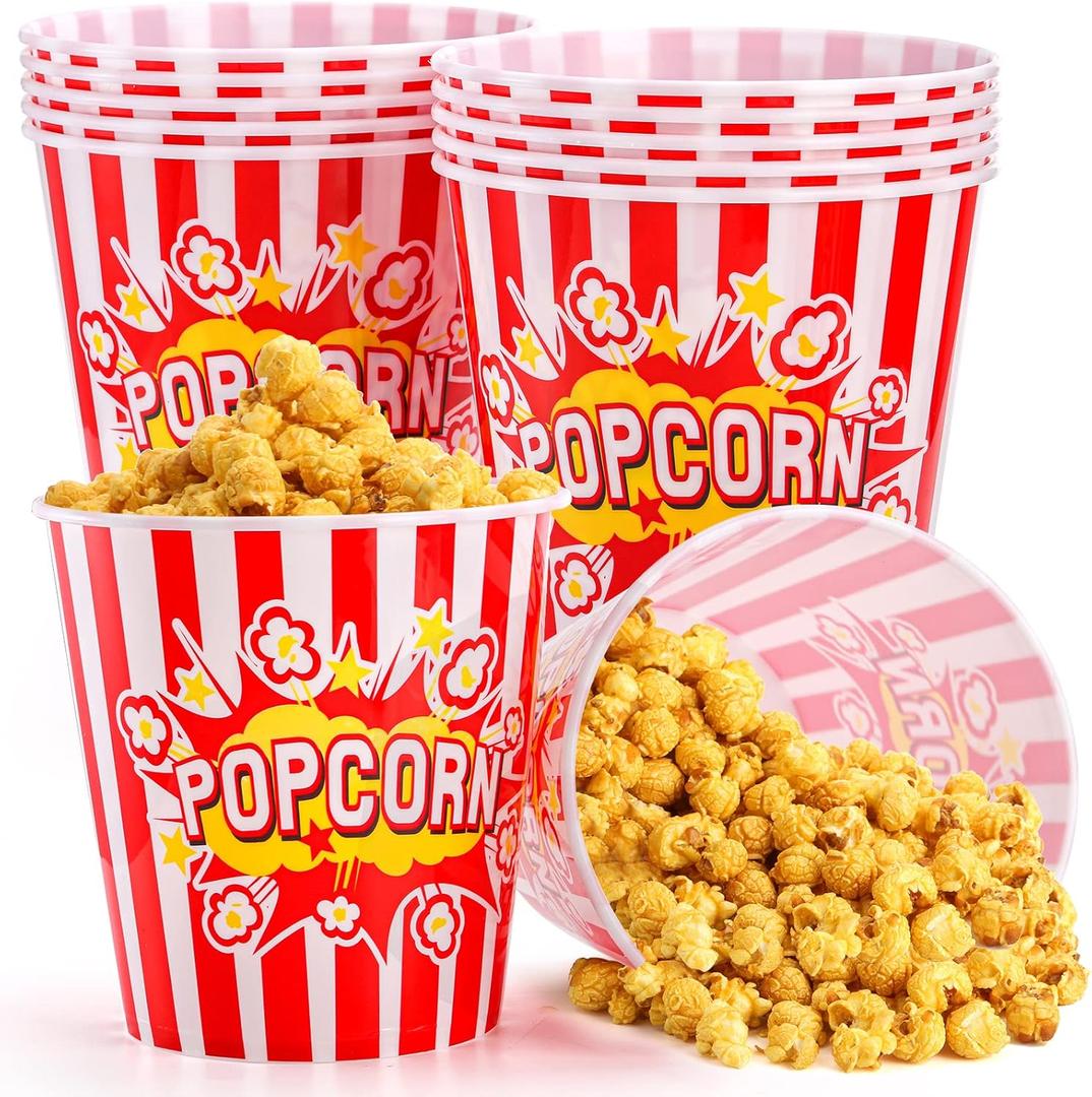 Youeon 12 Pack Large Plastic Popcorn Bowls, 95 Oz Reusable Popcorn Containers in Red & White Striped Retro Style, Popcorn Buckets for Movie Night, Theater, Party Theme