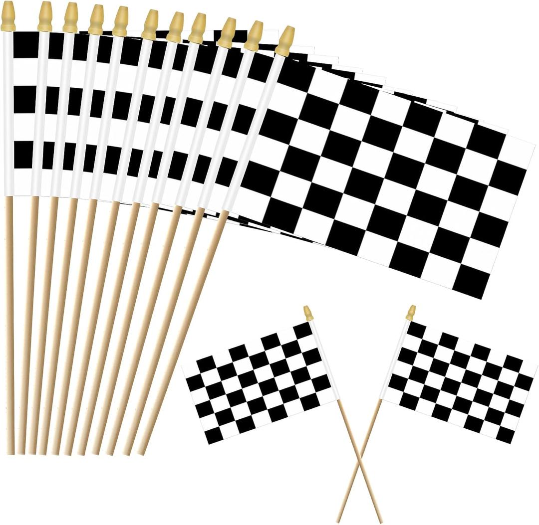 20Pack 8×12 Inch Black and White Checkered Racing Flags Small Race Car Flags on Stick Mini Handheld Flag Outdoor Decorations