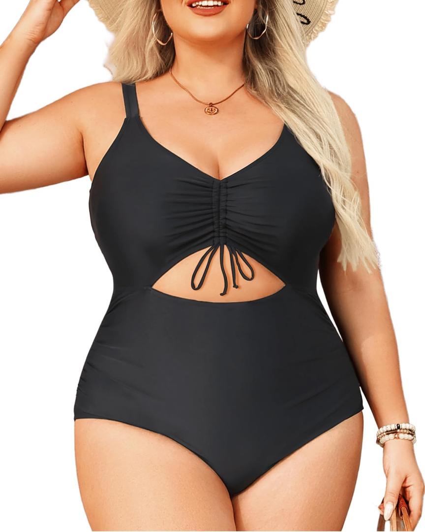 Daci Women Plus Size One Piece Swimsuits - Tummy Control Bathing Suits Cutout Monokini Swimwear (Black)