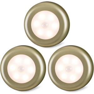 STAR-SPANGLED 3 Pack 2.8 Motion Sensor Lights Indoor AAA Battery Operated, Stick on LED Puck Light for Stairs, Under Cabinet, Closet (Golden, Warm White)
