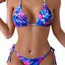 Tainehs Women's Sexy Halter Thong Bikini Tie Two Sides Bottom Triangle Bikini Swimsuits (Medium, Pink Flower)