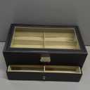 12 Slot Sunglasses Organizer, Lockable Leather Multi Eyeglasses Organizer with Drawers, Eyeglass Frames with Clear Glass Covers for Watch Jewelry Collection, Black