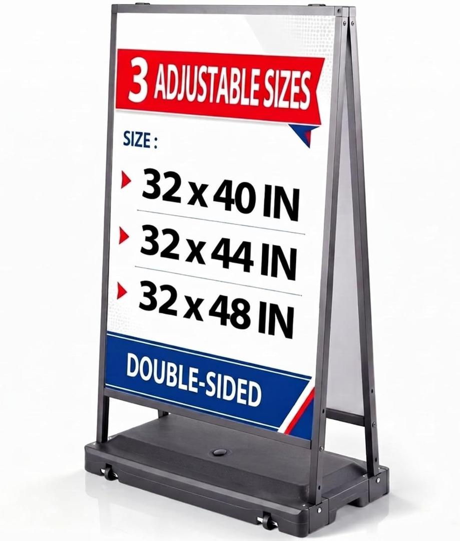 32 in Wide A Frame Sidewalk Sign with Wheels, Double Sided Poster Stand
Fits Custom 31.5 in Wide Posters in 40, 44, or 48 in Heights with a Double Sided Frame, Fillable Base, and Wheels