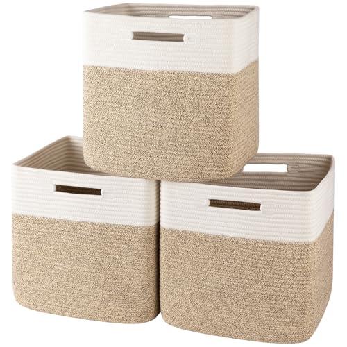 OIAHOMY 13 Inch Cube Storage Bins, 3-Pack Cotton Rope Woven Baskets for Organizing, Insert Storage Baskets for Shelves, Baby Nursery, Closet Organizer, 13 * 13 * 12.6IN, Brown & White
