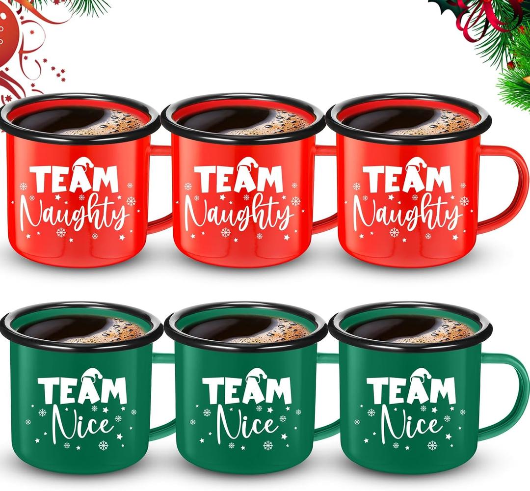 Yaomiao Christmas Enamel Mugs Set of 6 Red or Green Xmas Coffee Mugs Gifts 12 oz Hot Chocolate Holiday Cups with Handle Christmas for Men Women Coworkers Employee Gifts(Team Nice, Red and Green)