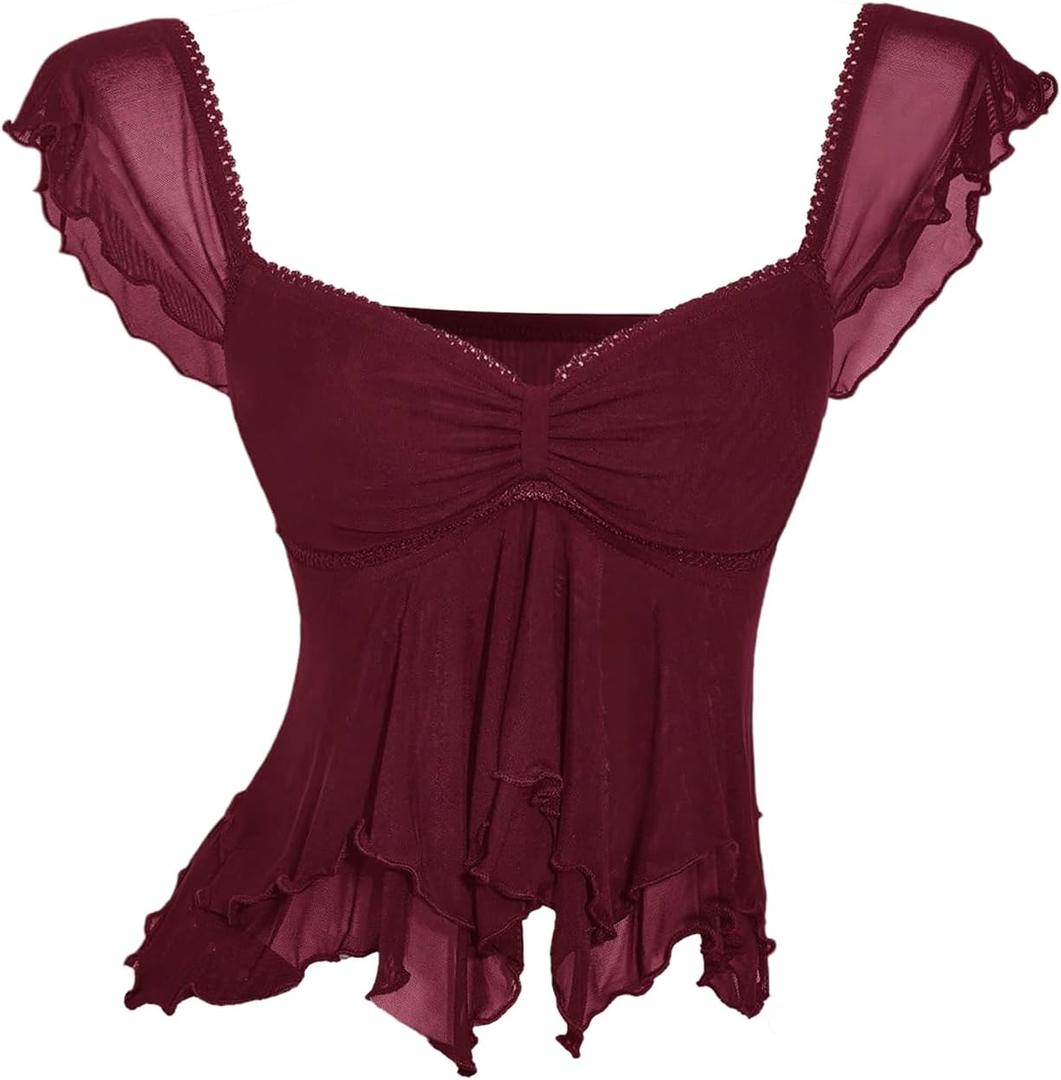 BEAUDRM Women's Y2k Ruffle Tank Tops Ruched Sheer Mesh Sweetheart Neck Sleeveless Crop Tops Night Out Outfit Burgundy X-Small
