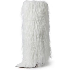 Womens Furry Boots Knee High Fold Over Tall Boot Wide Calf Pointed Toe Stiletto High Heel Fall Winter Boots for Women (7, White)