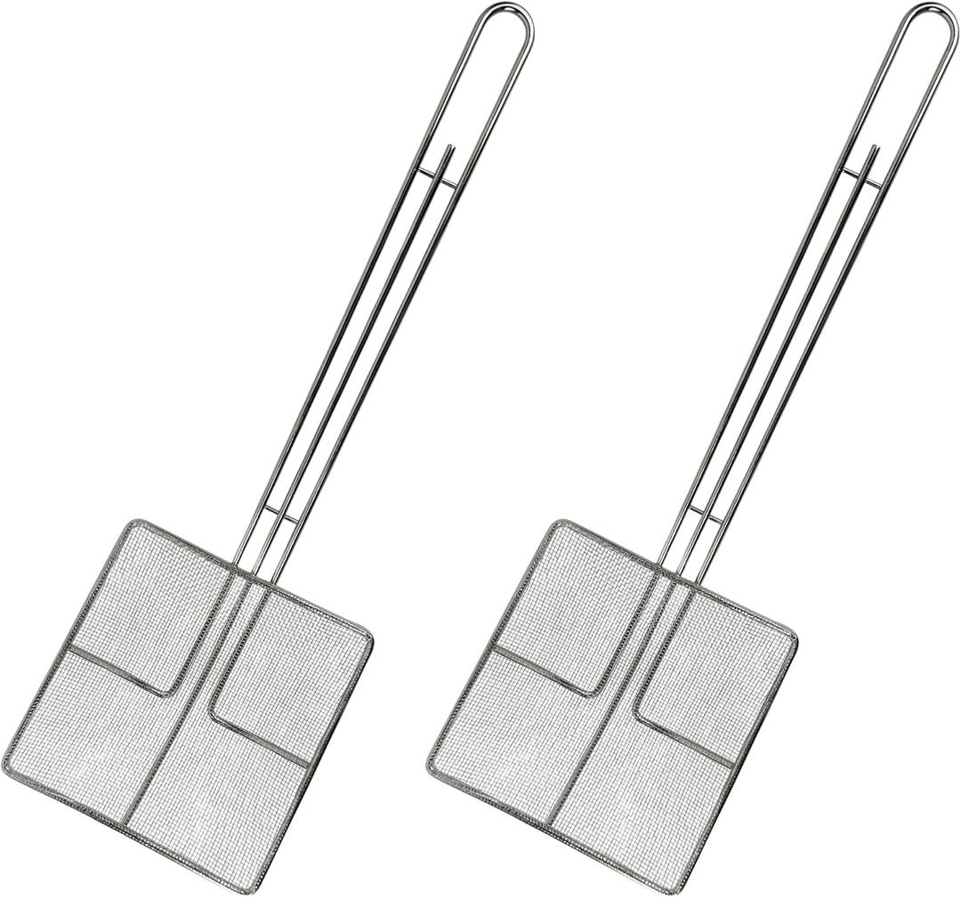 Wire Mesh Strainer with Long Handle |2 Pack| 6.5" Square Frying Spoon | Stainless Steel | Cooking Oil Strainer for Deep Fryer & Professional Restaurant Use | Commercial Grease Skimmer