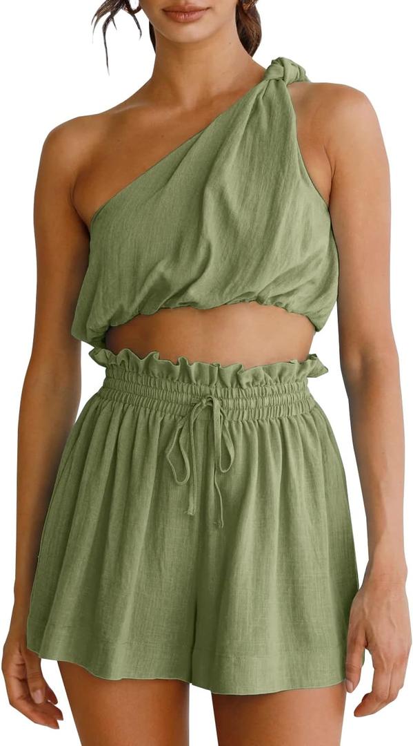 Imily Bela Womens 2 Piece Outfits Linen Matching Sets Two Piece Crop Tops and Paper Bag Waist Shorts Sets 2025 Summer Outfits (Large, Army Green)