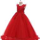 Girls Embroidery Flower Lace Long A Line Pageant Dress Floor Length Princess Prom Tulle Maxi Gown for Wedding Party Birthday (Red, S)