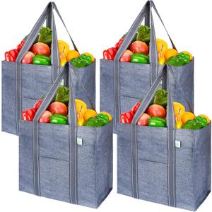 VENO 2 Pack Reusable Grocery Bags, Heavy-Duty Shopping Bags with Handles, Bags for Shopping Cart with Hard Bottom to Stand Upright, Foldable, Multi-Purpose(Gray, 2 Pack)