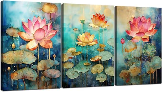 Flower Canvas Wall Art Colorful Floral Picture for Bathroom Watercolor Blue Yellow Pink Wildflower Wall Decor Nature Scenery with Butterfly Painting Framed Artwork (16" W x 24" H x 3 Panels)