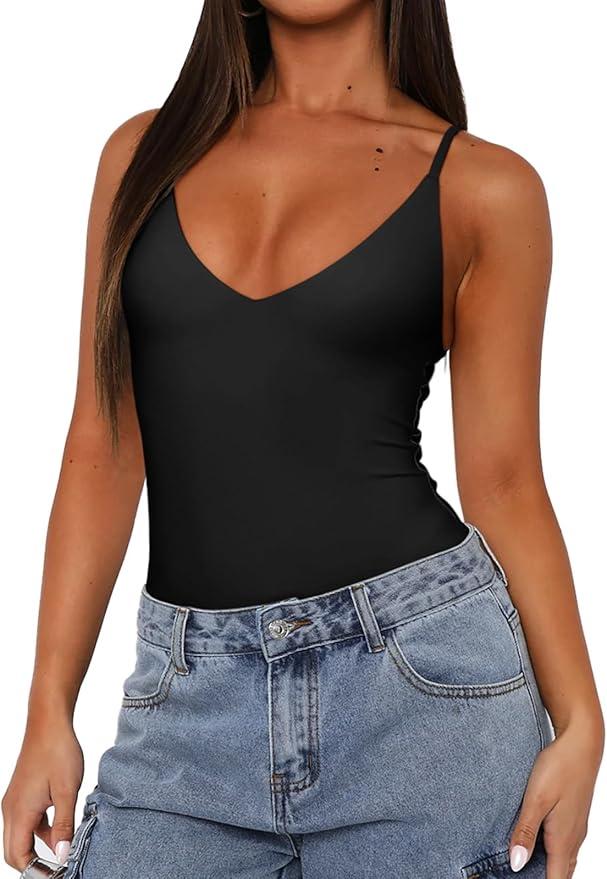REORIA Women’s Sexy Trendy Open Back V Neck Spaghetti Strap Backless Trendy Cami Bodysuit Tops, M