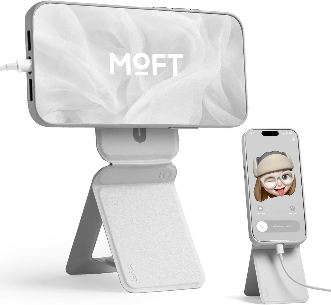 MOFT Phone Stand, Magnetic Phone Tripod Stand Stain-Resistant MOVAS Leather & Angle Adjustment & Strong Magnets Tripod for iPhone 16/15/14/13/12 (Included Metal Ring)-Misty Cove (without Card Slot)