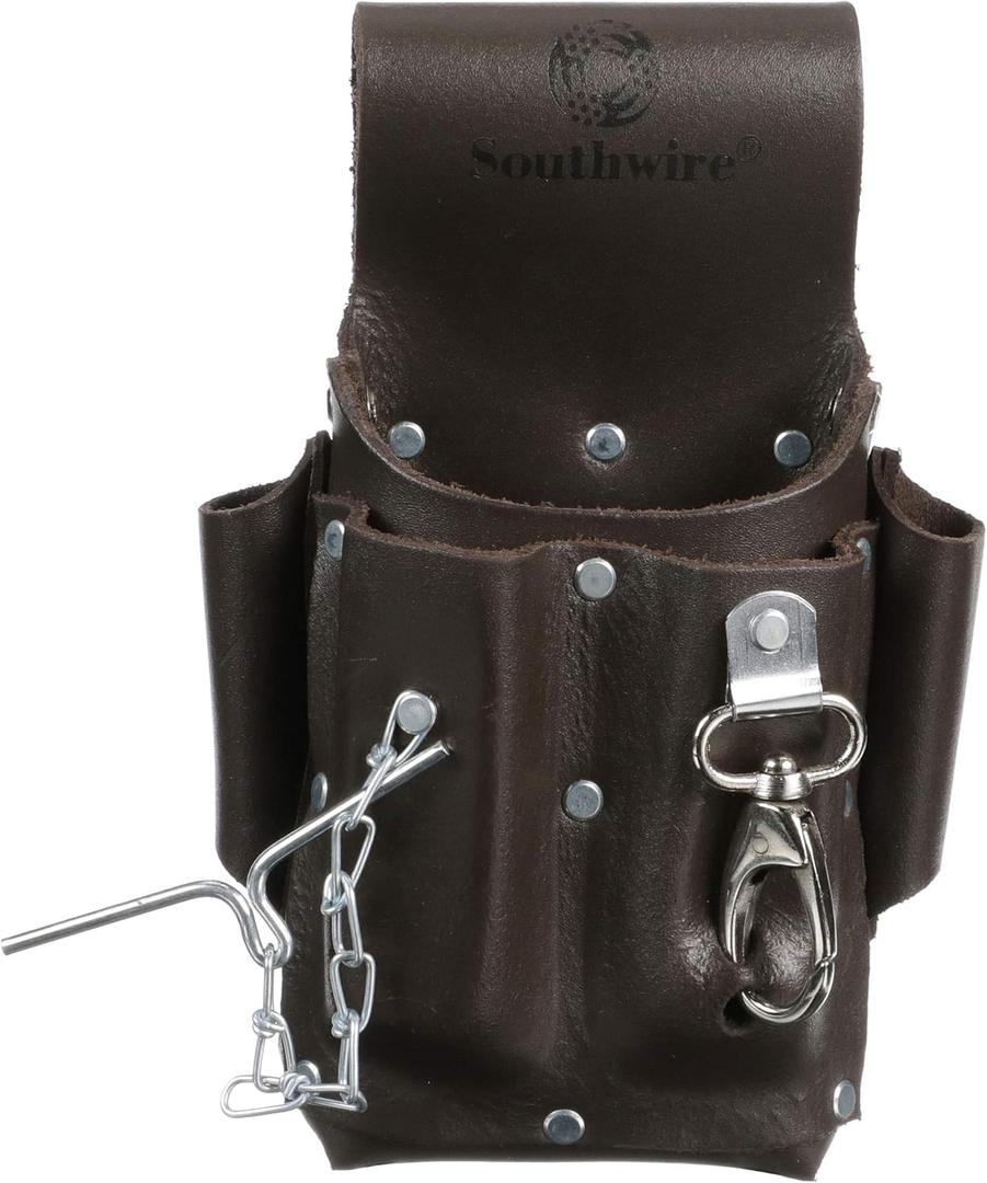 Southwire POUCH4 Leather Tool Pouch; 5 Pocket Pouch with Electrical Tape Chain; Fade Resistant; Durable Compartments; Washer Rivets; Includes Metal Tool Clip; Dark Brown