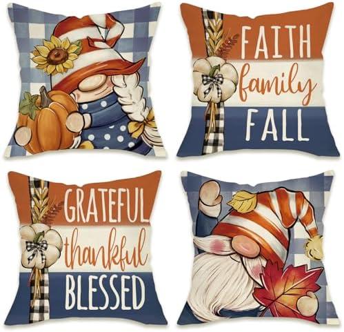 Fahrendom Thanksgiving Gnome Decorative Throw Pillow Covers 18 x 18 Set of 4, Grateful Thankful Blessed Porch Patio Outdoor Pillowcase, Faith Family Fall Autumn Plaid Farmhouse Cushion Case Home Decor