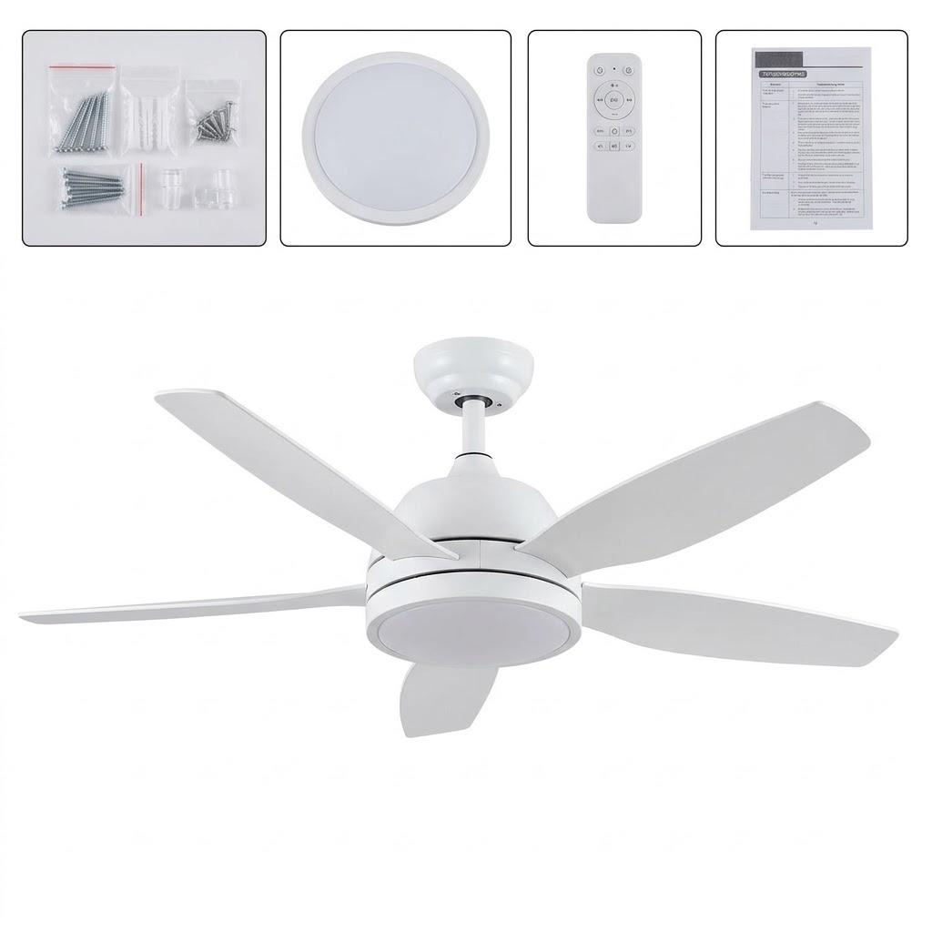 52" White Indoor Ceiling Fan with Integrated LED Light & Remote – 5 Blade Modern Flush Mount / Downrod Ceiling Fan for Home & Covered Patio