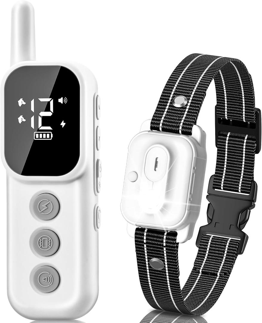 Dog Shock Training Collar with Remote - Rechargeable Waterproof 4 Training Modes Beep Vibration Safe Shock, 3300FT E-Collar Light for All Breeds - White