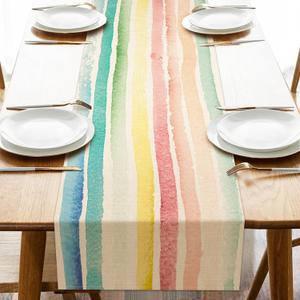 Colorful Rainbow Striped Dining Table Runner, Watercolor Burlap Kitchen Decoration, Indoor Outdoor Home Decor Party Supply 13 x 48 Inches