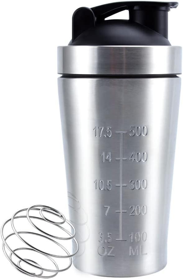 VALESKA 20-Ounce Stainless Steel Protein Shaker Bottle With Wire Whisk - BPA Free, Leak-Proof, Dishwasher Safe, Perfect for Gym Workout (Classic silver)